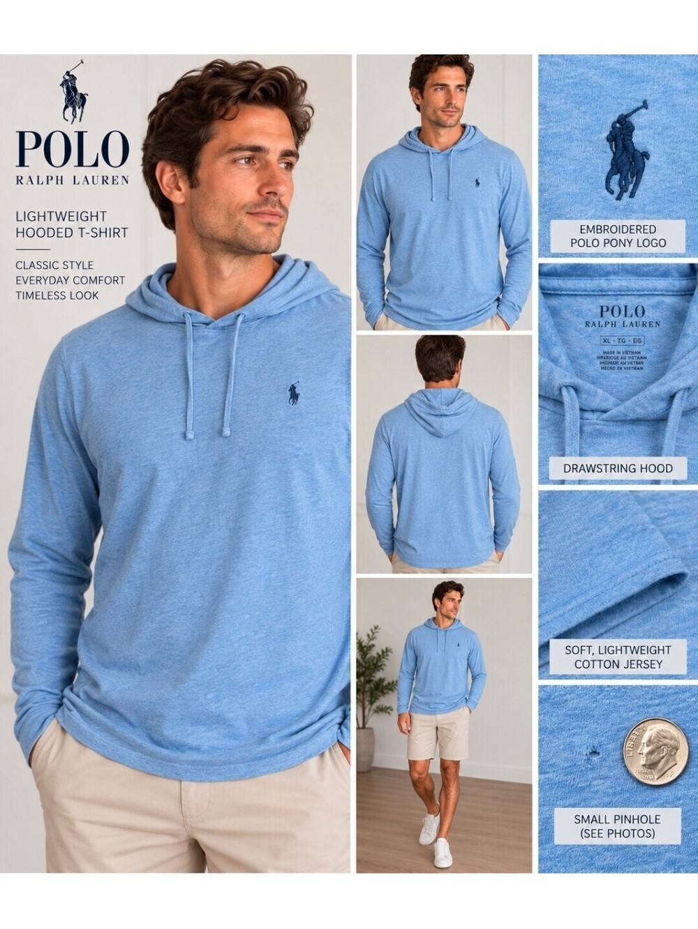 Polo Ralph Lauren Men’s XL Lightweight Hooded T-Shirt Blue Long Sleeve Pony Logo